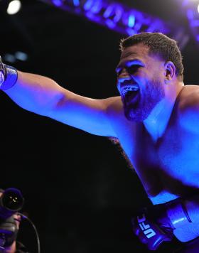  Tai Tuivasa of Australia celebrates his knockout victory over Augusto Sakai of Brazil during their heavyweight fight during the UFC 269 event at T-Mobile Arena on December 11, 2021 in Las Vegas, Nevada. (Photo by Carmen Mandato/Getty Images)