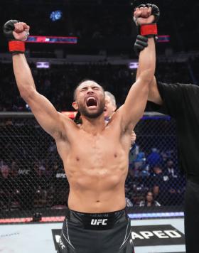 Kyler Phillips reacts after defeating Marcelo Rojo of Mexico in their bantamweight fight during the UFC 271 event at Toyota Center on February 12, 2022 in Houston, Texas. (Photo by Josh Hedges/Zuffa LLC)