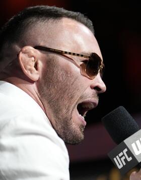 Colby Covington is seen on stage during the UFC 272 press conference on March 03, 2022 in Las Vegas, Nevada. (Photo by Chris Unger/Zuffa LLC)