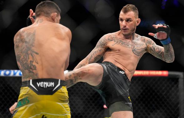 Renato Moicano of Brazil kicks Rafael Dos Anjos of Brazil in their 160-pound catchweight fight during the UFC 272 event on March 05, 2022 in Las Vegas, Nevada. (Photo by Chris Unger/Zuffa LLC)