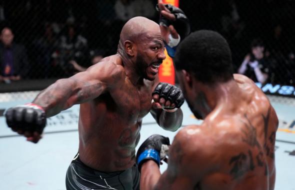 Khalil Rountree Jr. punches Karl Roberson in their light heavyweight fight during the UFC Fight Night event at UFC APEX on March 12, 2022 in Las Vegas, Nevada. (Photo by Chris Unger/Zuffa LLC)