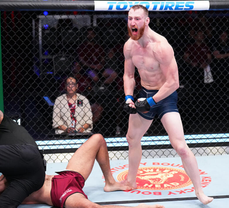 Joe Pyfer reacts after his victory over Ozzy Diaz in a middleweight fight during Dana White's Contender Series Season 6 Week 1 at UFC APEX on July 26, 2022 in Las Vegas, Nevada. (Photo by Chris Unger/Zuffa LLC)