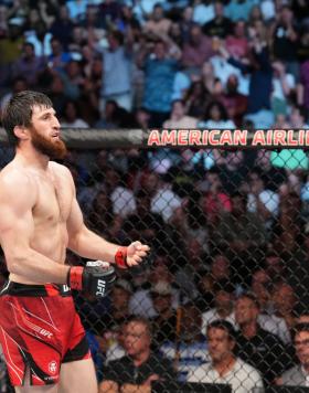 Magomed Ankalaev of Russia reacts after defeating Anthony Smith in a light heavyweight fight during the UFC 277 event at American Airlines Center on July 30, 2022 in Dallas, Texas. (Photo by Josh Hedges/Zuffa LLC)