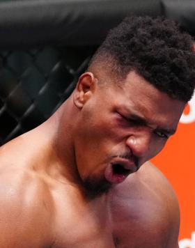 Alonzo Menifield reacts after his knockout victory over Misha Cirkunov of Latvia in a light heavyweight fight during the UFC Fight Night event at UFC APEX on October 15, 2022 in Las Vegas, Nevada. (Photo by Jeff Bottari/Zuffa LLC)