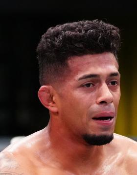 Jonathan Martinez reacts after his knockout victory over Cub Swanson in a bantamweight fight during the UFC Fight Night event at UFC APEX on October 15, 2022 in Las Vegas, Nevada. (Photo by Jeff Bottari/Zuffa LLC)