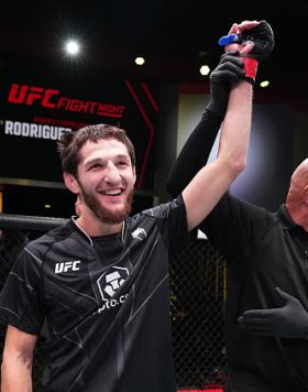 Tagir Ulanbekov of Russia reacts after his victory over Nate Maness in a flyweight fight during the UFC Fight Night event at UFC APEX on November 05, 2022 in Las Vegas, Nevada. (Photo by Chris Unger/Zuffa LLC)