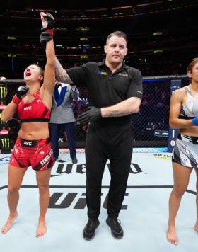 Karolina Kowalkiewicz of Poland reacts after her victory over Silvana Gomez Juarez of Argentina in a strawweight bout during the UFC 281 event at Madison Square Garden on November 12, 2022 in New York City. (Photo by Jeff Bottari/Zuffa LLC)