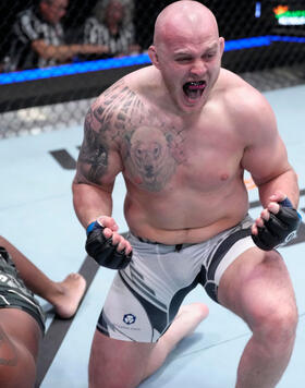  Serghei Spivac of Moldova reacts after his submission victory over Derrick Lewis in a heavyweight fight during the UFC Fight Night event at UFC APEX on February 04, 2023 in Las Vegas, Nevada. (Photo by Jeff Bottari/Zuffa LLC)