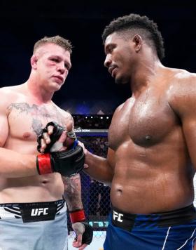 Jimmy Crute of Australia and Alonzo Menifield talk after their light heavyweight fight during the UFC 284 event at RAC Arena on February 12, 2023 in Perth, Australia. (Photo by Chris Unger/Zuffa LLC)