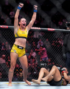 Amanda Ribas of Brazil celebrates her win over Viviane Araujo of Brazil in a flyweight fight during the UFC 285 event at T-Mobile Arena on March 04, 2023 in Las Vegas, Nevada. (Photo by Chris Unger/Zuffa LLC)