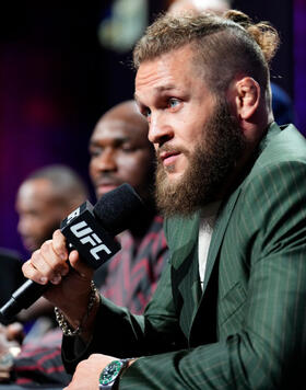 Rafael Fiziev of Kazakstan is seen on stage during the UFC 286 press conference at Magazine London on March 16, 2023 in London, England. (Photo by Mike Roach/Zuffa LLC)