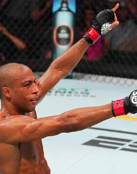 Edson Barboza of Brazil reacts after defeating Billy Quarantillo in a featherweight fight during the UFC Fight Night event at T-Mobile Center on April 15, 2023 in Kansas City, Missouri. (Photo by Josh Hedges/Zuffa LLC)