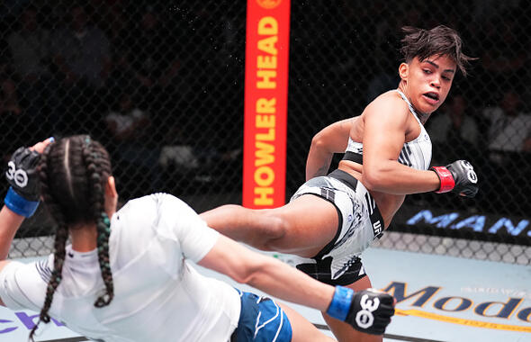 Iasmin Lucindo of Brazil kicks Brogan Walker in a flyweight fight during the UFC Fight Night event at UFC APEX on April 22, 2023 in Las Vegas, Nevada. (Photo by Chris Unger/Zuffa LLC)