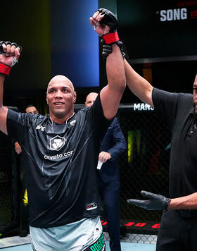 Marcos Rogerio de Lima of Brazil reacts after his victory over Waldo Cortes-Acosta of the Dominican Republic in a heavyweight fight during the UFC Fight Night event at UFC APEX on April 29, 2023 in Las Vegas, Nevada. (Photo by Jeff Bottari/Zuffa LLC)