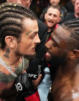 Sean O'Malley and Aljamain Sterling have words after Sterling's victory over Henry Cejudo in the UFC bantamweight championship fight during the UFC 288 event at Prudential Center on May 06, 2023 in Newark, New Jersey. (Photo by Chris Unger/Zuffa LLC via Getty Images)