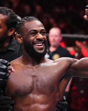 Aljamain Sterling react after his victory over Henry Cejudo in the UFC bantamweight championship fight during the UFC 288 event at Prudential Center on May 06, 2023 in Newark, New Jersey. (Photo by Chris Unger/Zuffa LLC