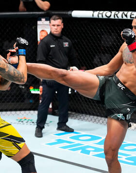 Carlos Ulberg of New Zealand kicks Ihor Potieria of Ukraine in their light heavyweight fight during the UFC Fight Night event at Spectrum Center on May 13, 2023 in Charlotte, North Carolina. (Photo by Jeff Bottari/Zuffa LLC)