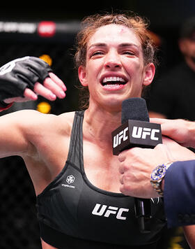 Mackenzie Dern is interviewed after defeating Angela Hill in a strawweight fight during the UFC Fight Night event at UFC APEX on May 20, 2023 in Las Vegas, Nevada. (Photo by Chris Unger/Zuffa LLC)