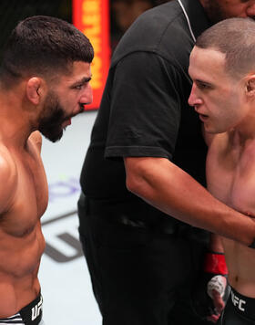  Amir Albazi of Iraq and Kai Kara-France of New Zealand exchange words after the first round in a flyweight bout during the UFC Fight Night event at UFC APEX on June 03, 2023 in Las Vegas, Nevada. (Photo by Chris Unger/Zuffa LLC)