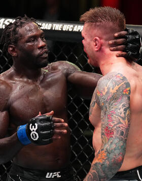 Jared Cannonier and Marvin Vettori of Italy talk after their middleweight fight during the UFC Fight Night event at UFC APEX on June 17, 2023 in Las Vegas, Nevada. (Photo by Chris Unger/Zuffa LLC)