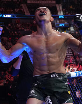 Assu Almabayev of Kazakstan reacts after his submission victory over Ode Osbourne of Jamaica in a flyweight fight during the UFC Fight Night event at Bridgestone Arena on August 05, 2023 in Nashville, Tennessee. (Photo by Jeff Bottari/Zuffa LLC)