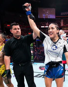 Tatiana Suarez reacts after her submission victory over Jessica Andrade of Brazil in a strawweight fight during the UFC Fight Night event at Bridgestone Arena on August 05, 2023 in Nashville, Tennessee. (Photo by Jeff Bottari/Zuffa LLC)