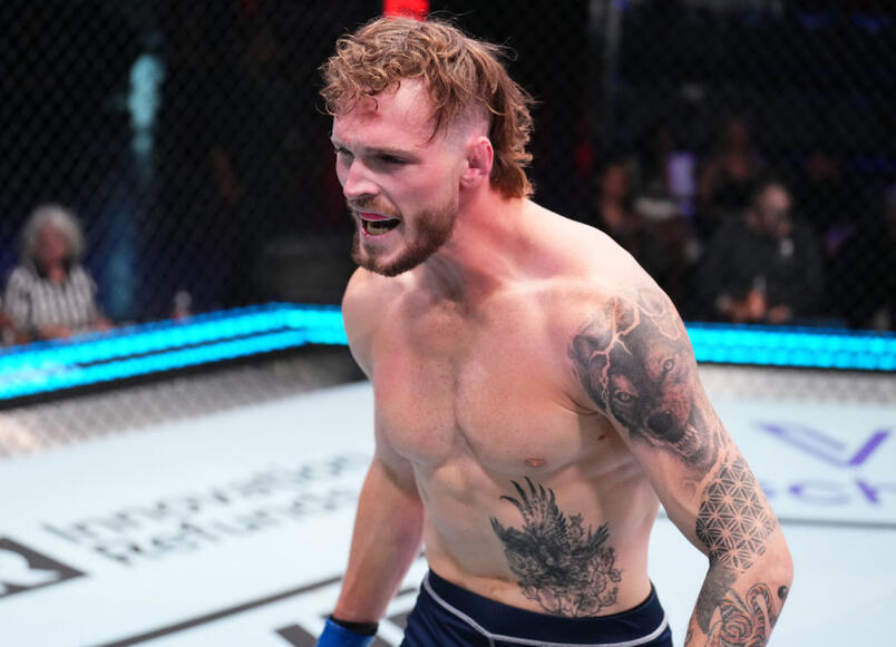 Zachary Reese reacts after his submission victory over Eli Aronov of Israel in a middleweight fight during Dana White's Contender Series season seven, week three at UFC APEX on August 22, 2023 in Las Vegas, Nevada. (Photo by Chris Unger/Zuffa LLC)