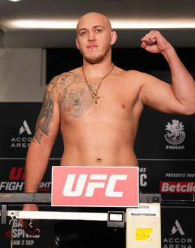 Serghei Spivac of Moldova poses on the scale during the UFC Fight Night official weigh-in at Pullman Paris Bercy Center on September 01, 2023 in Paris, France. (Photo by Josh Hedges/Zuffa LLC)