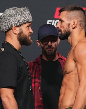 Rafael Fiziev of Kazakstan and Mateusz Gamrot of Poland face off during the UFC Fight Night weigh-in at UFC APEX on September 22, 2023 in Las Vegas, Nevada. (Photo by Jeff Bottari/Zuffa LLC)