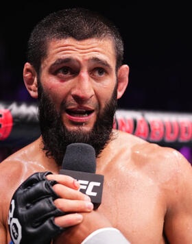 Khamzat Chimaev of the United Arab Emirates reacts after a unanimous-decision victory against Kamaru Usman of Nigeria in a middleweight fight during the UFC 294 event at Etihad Arena on October 21, 2023 in Abu Dhabi, United Arab Emirates. (Photo by Chris Unger/Zuffa LLC)