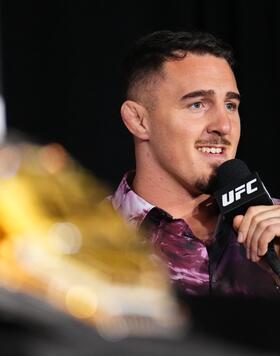 Tom Aspinall of England is seen on stage during the UFC 295 press conference at Chase Square at Madison Square Garden on November 09, 2023 in New York City. (Photo by Chris Unger/Zuffa LLC via Getty Images)