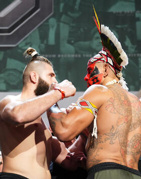 Jiri Prochazka of the Czech Republic and Alex Pereira of Brazil face off during the UFC 295 ceremonial weigh-in at The Theater at Madison Square Garden on November 10, 2023 in New York City. (Photo by Chris Unger/Zuffa LLC)