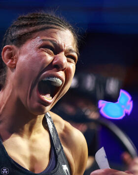 Mayra Bueno Silva of Brazil reacts as she is introduced by Bruce Buffer prior to he fight against Raquel Pennington of the United States in a bantamweight title bout during the UFC 297 event at Scotiabank Arena on January 20, 2024 in Toronto, Ontario, Canada. (Photo by Vaughn Ridley/Getty Images)