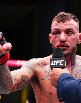 Renato Moicano of Brazil reacts after his victory against Drew Dober in a lightweight fight during the UFC Fight Night event at UFC APEX on February 03, 2024 in Las Vegas, Nevada. (Photo by Chris Unger/Zuffa LLC)