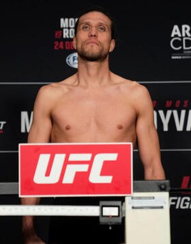 Brian Ortega poses on the scale during the UFC Fight Night official weigh-in at the InterContinental Presidente on February 23, 2024 in Mexico City, Mexico. (Photo by Mike Roach/Zuffa LLC)