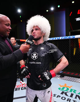 Umar Nurmagomedov of Russia reacts after his victory against Bekzat Almakhan of Kazakhstan in a bantamweight bout during the UFC Fight Night event at UFC APEX on March 02, 2024 in Las Vegas, Nevada. (Photo by Jeff Bottari/Zuffa LLC)