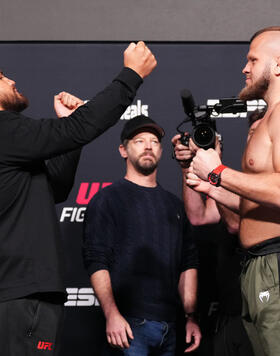 Tai Tuivasa of Australia and Marcin Tybura of Poland face off during the UFC Fight Night weigh-in at UFC APEX on March 15, 2024 in Las Vegas, Nevada. (Photo by Jeff Bottari/Zuffa LLC)