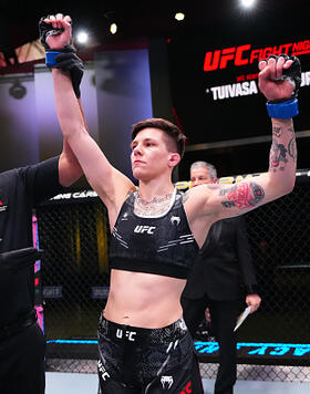 Macy Chiasson reacts after her submission victory over Pannie Kianzad of Iran in their women's bantamweight fight during the UFC Fight Night event at UFC APEX on March 16, 2024 in Las Vegas, Nevada. (Photo by Jeff Bottari/Zuffa LLC)