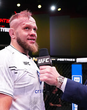 Marcin Tybura of Poland is interviewed after submitting Tai Tuivasa of Australia in their heavyweight fight during the UFC Fight Night event at UFC APEX on March 16, 2024 in Las Vegas, Nevada. (Photo by Jeff Bottari/Zuffa LLC)