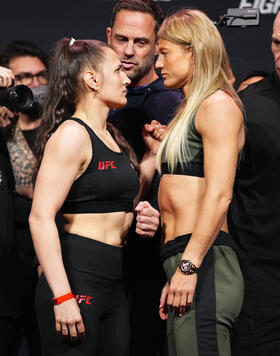 Opponents Erin Blanchfield and Manon Fiorot of France face off during the UFC Fight Night ceremonial weigh-in at Boardwalk Hall Arena on March 29, 2024 in Atlantic City, New Jersey. (Photo by Jeff Bottari/Zuffa LLC)