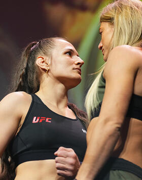 Opponents Erin Blanchfield and Manon Fiorot of France face off during the UFC Fight Night ceremonial weigh-in at Boardwalk Hall Arena on March 29, 2024 in Atlantic City, New Jersey. (Photo by Cooper Neill/Zuffa LLC)