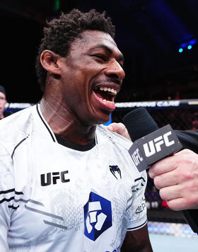 Joaquin Buckley reacts after his TKO victory against Vicente Luque in a welterweight bout during the UFC Fight Night event at Boardwalk Hall Arena on March 30, 2024 in Atlantic City, New Jersey. (Photo by Jeff Bottari/Zuffa LLC)