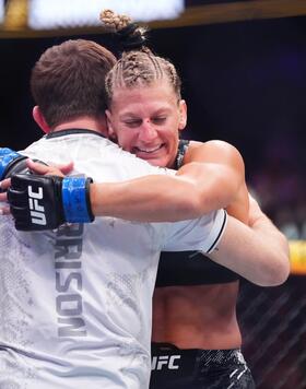 Kayla Harrison reacts to her win during the UFC 300 event at T-Mobile Arena on April 13, 2024 in Las Vegas, Nevada. (Photo by Cooper Neill/Zuffa LLC via Getty Images)