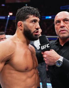 Joe Rogan interviews Arman Tsarukyan of Georgia in a lightweight fight during the UFC 300 event at T-Mobile Arena on April 13, 2024 in Las Vegas, Nevada. (Photo by Jeff Bottari/Zuffa LLC)