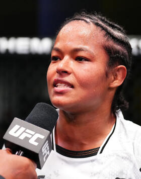 Karine Silva of Brazil reacts after her victory against Ariane da Silva of Brazil in a flyweight bout during the UFC Fight Night event at UFC APEX on April 27, 2024 in Las Vegas, Nevada. (Photo by Chris Unger/Zuffa LLC)