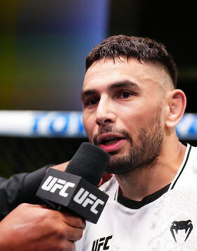 Alex Perez reacts after his knockout victory against Matheus Nicolau of Brazil in a flyweight bout during the UFC Fight Night event at UFC APEX on April 27, 2024 in Las Vegas, Nevada. (Photo by Chris Unger/Zuffa LLC)