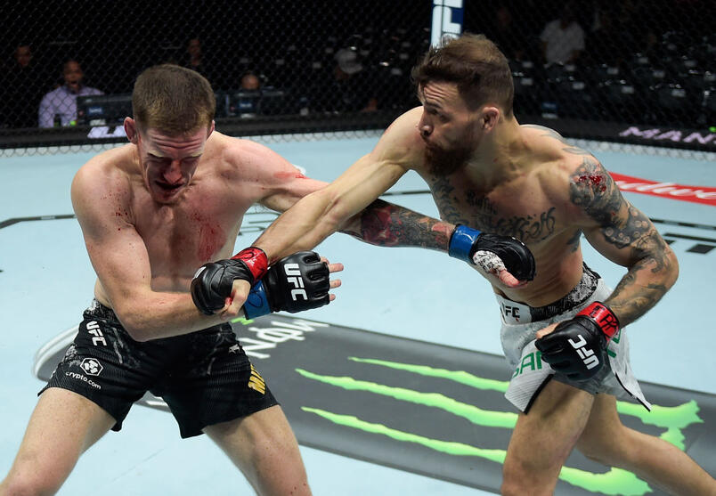 Mauricio Ruffy of Brazil punches Jamie Mullarkey of Australia in a lightweight bout during the UFC 301 event at Farmasi Arena on May 04, 2024 in Rio de Janeiro, Brazil. (Photo by Alexandre Loureiro/Zuffa LLC)