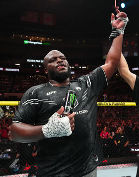  Derrick Lewis reacts after his TKO victory over Rodrigo Nascimento of Brazil in a heavyweight fight during the UFC Fight Night event at Enterprise Center on May 11, 2024 in St Louis, Missouri. (Photo by Josh Hedges/Zuffa LLC)