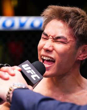 Tatsuro Taira of Japan reacts after his victory against Alex Perez in a flyweight fight during the UFC Fight Night event at UFC APEX on June 15, 2024 in Las Vegas, Nevada. (Photo by Chris Unger/Zuffa LLC via Getty Images)