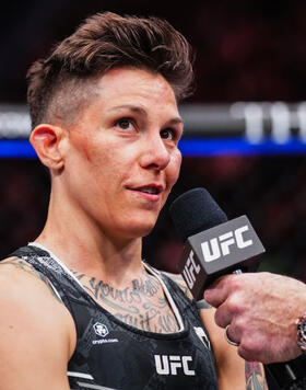 Macy Chiasson reacts to her victory with UFC commentator Joe Rogan in a bantamweight fight against Mayra Bueno Silva of Brazil during the UFC 303 event at T-Mobile Arena on June 29, 2024 in Las Vegas, Nevada. (Photo by Jeff Bottari/Zuffa LLC)